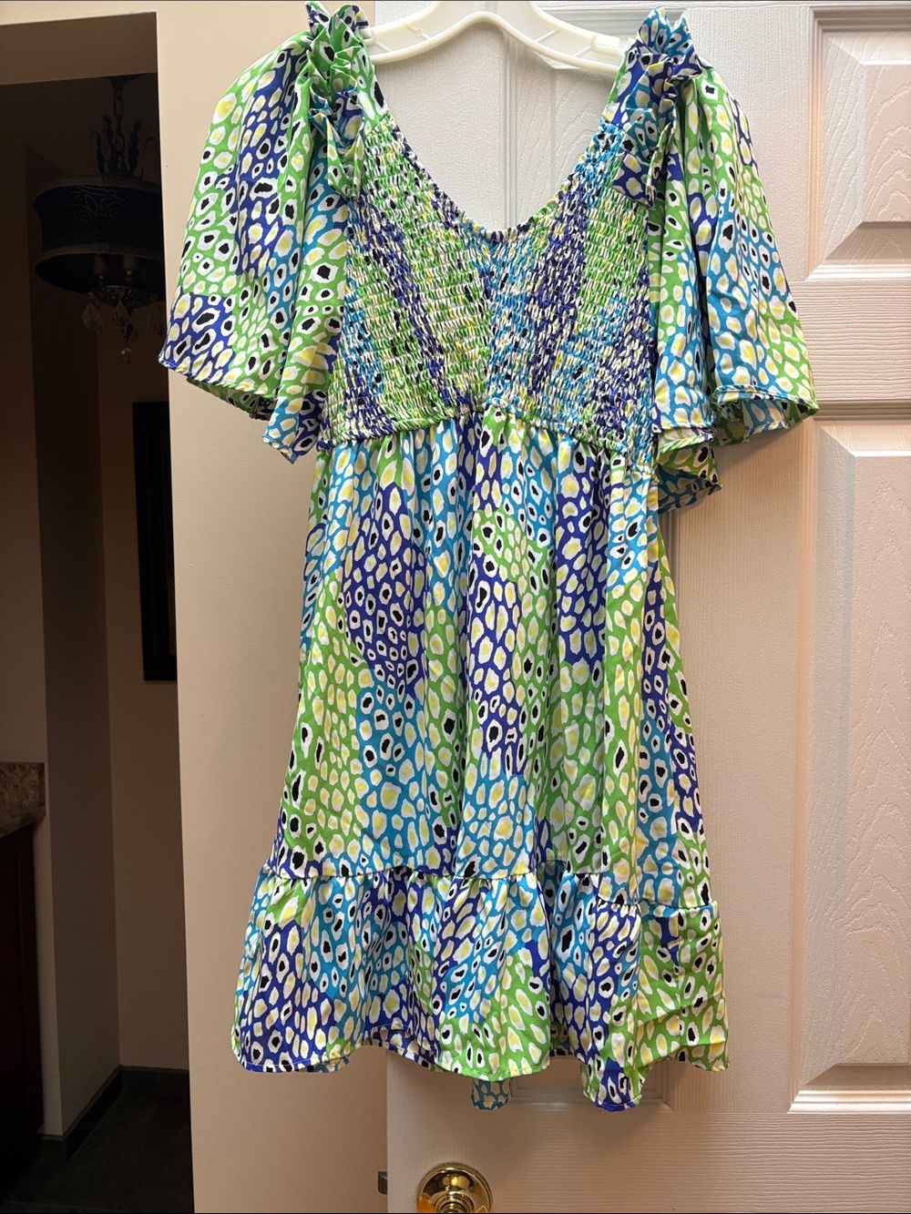 Jodifl Smocked V-Neck Mini Dress in Blue & Green Print small